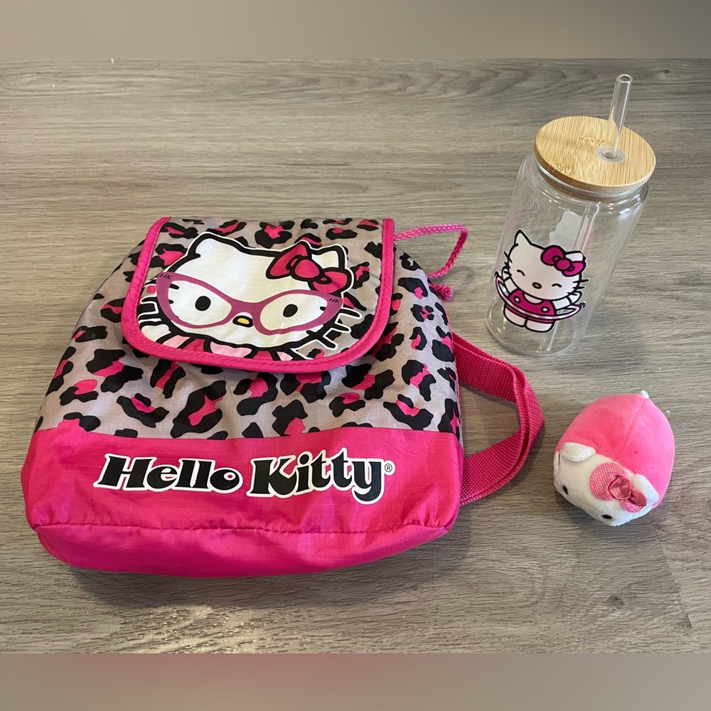 HELLO KITTY 4pc BUNDLE - Backpack, Toy, Cup with Straw and Christmas Stocking.